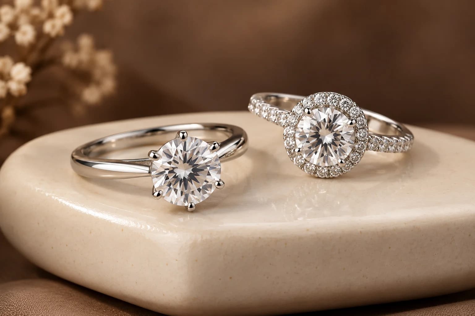 Product category: Rings with clear faceted stones on a light display