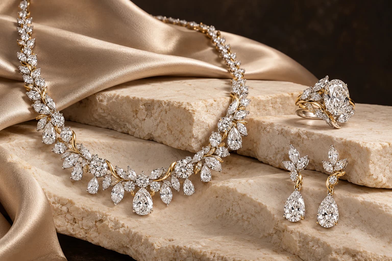 A diamond necklace, sculptural ring and drop earrings photographed on ivory stone and champagne silk.