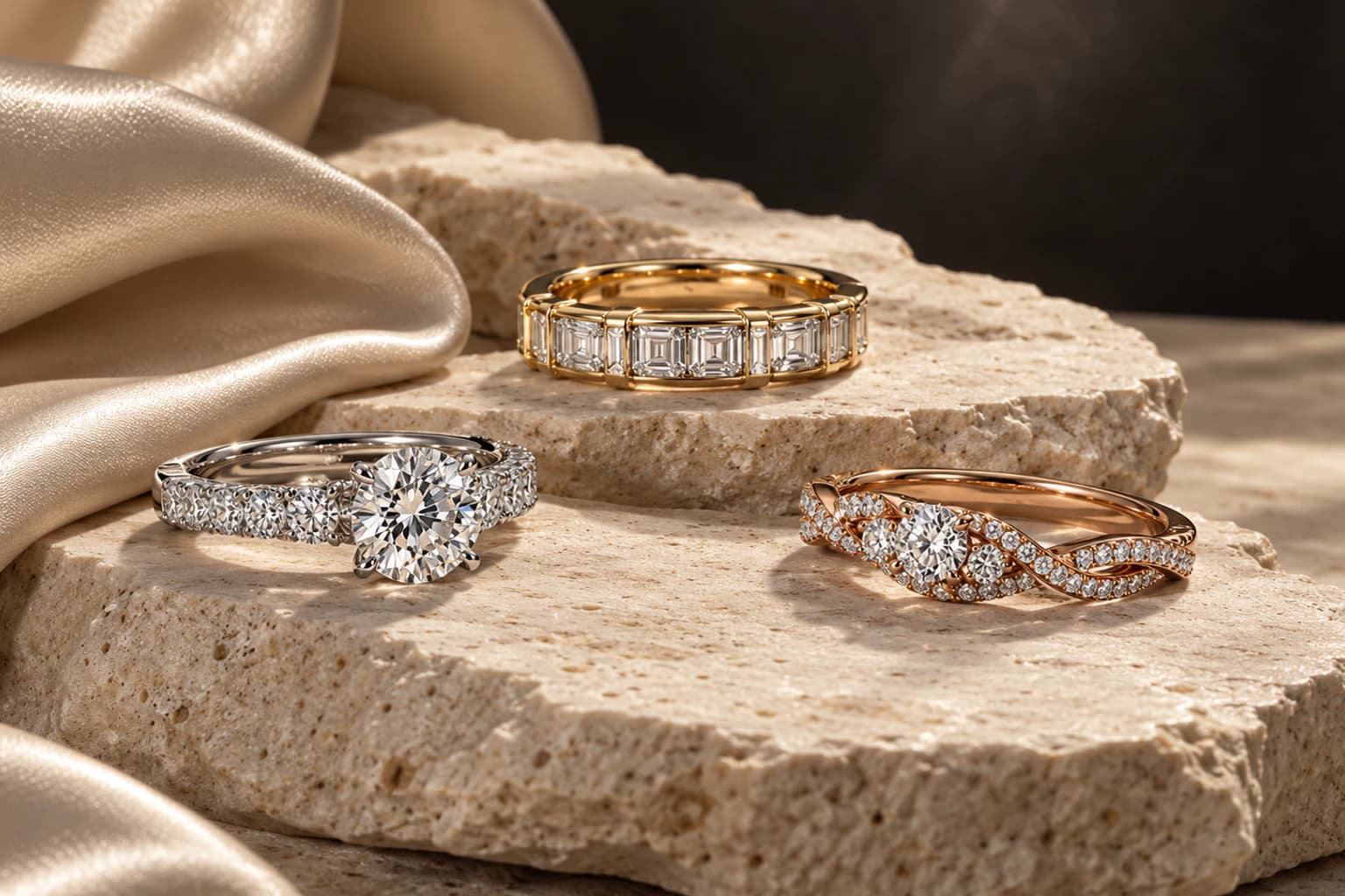 Platinum, yellow-gold and rose-gold diamond rings presented together for material comparison.