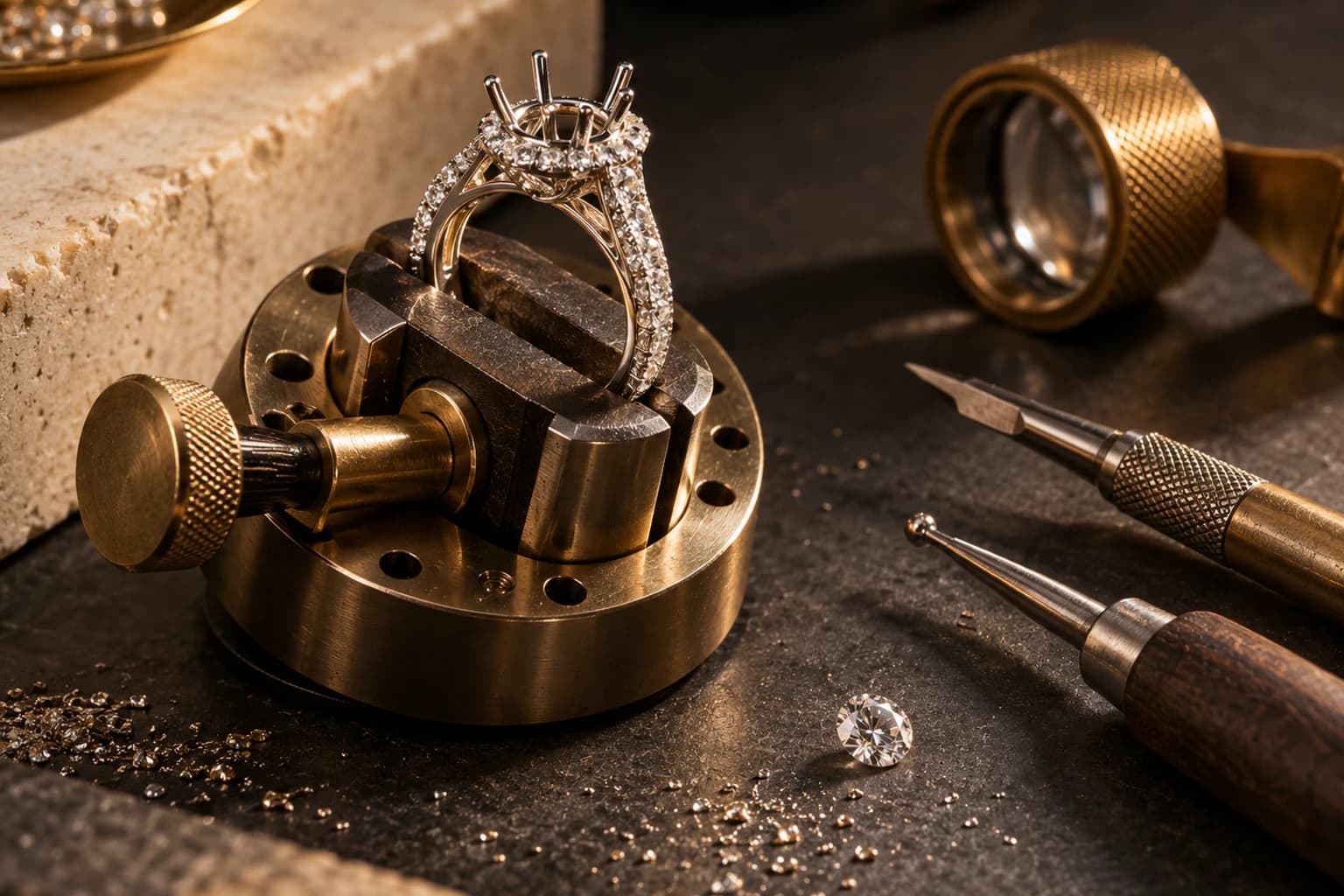 A diamond ring in a precision setting fixture with fine jewelry-making tools.