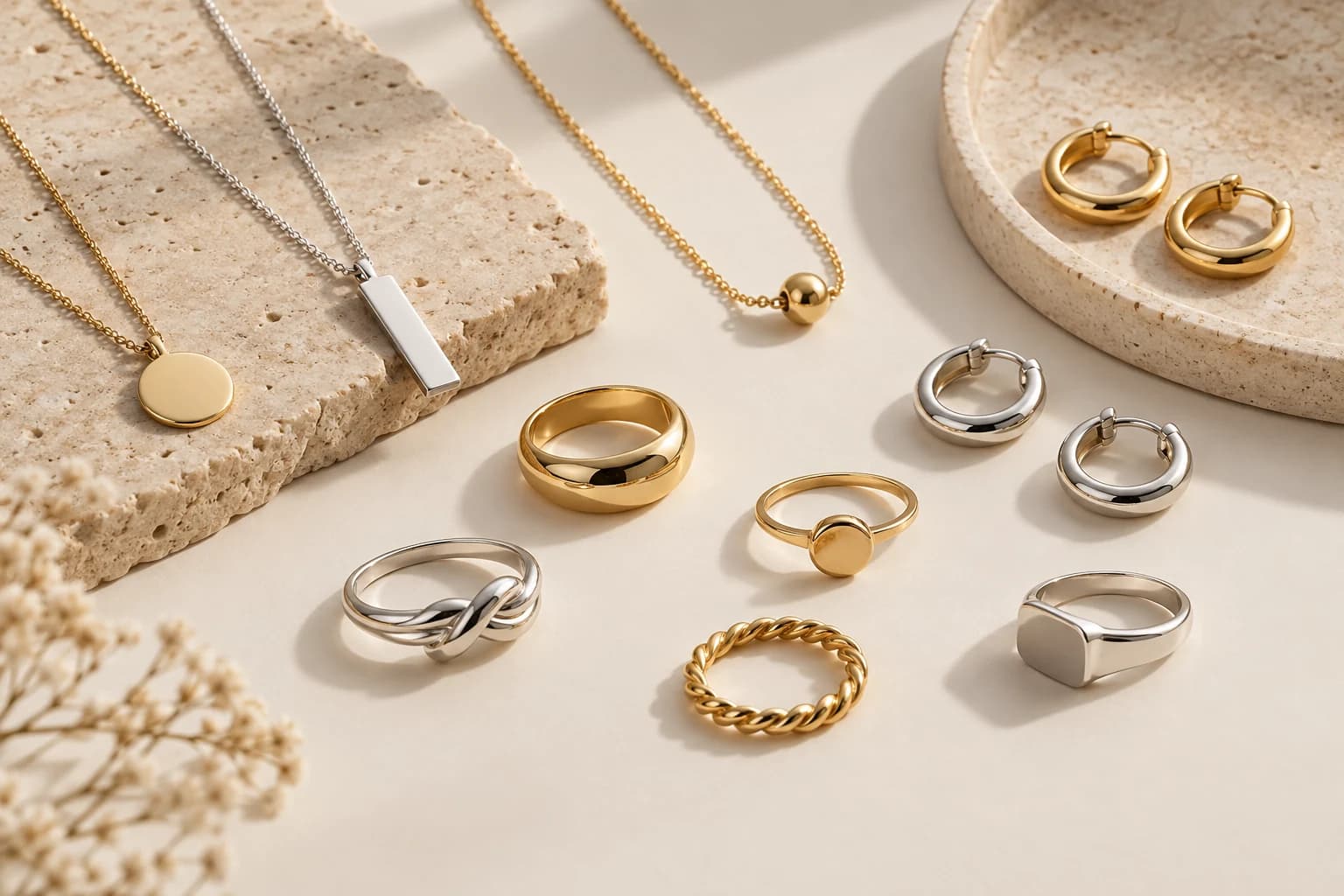 Product category: An assortment of rings, earrings and necklaces on a neutral display