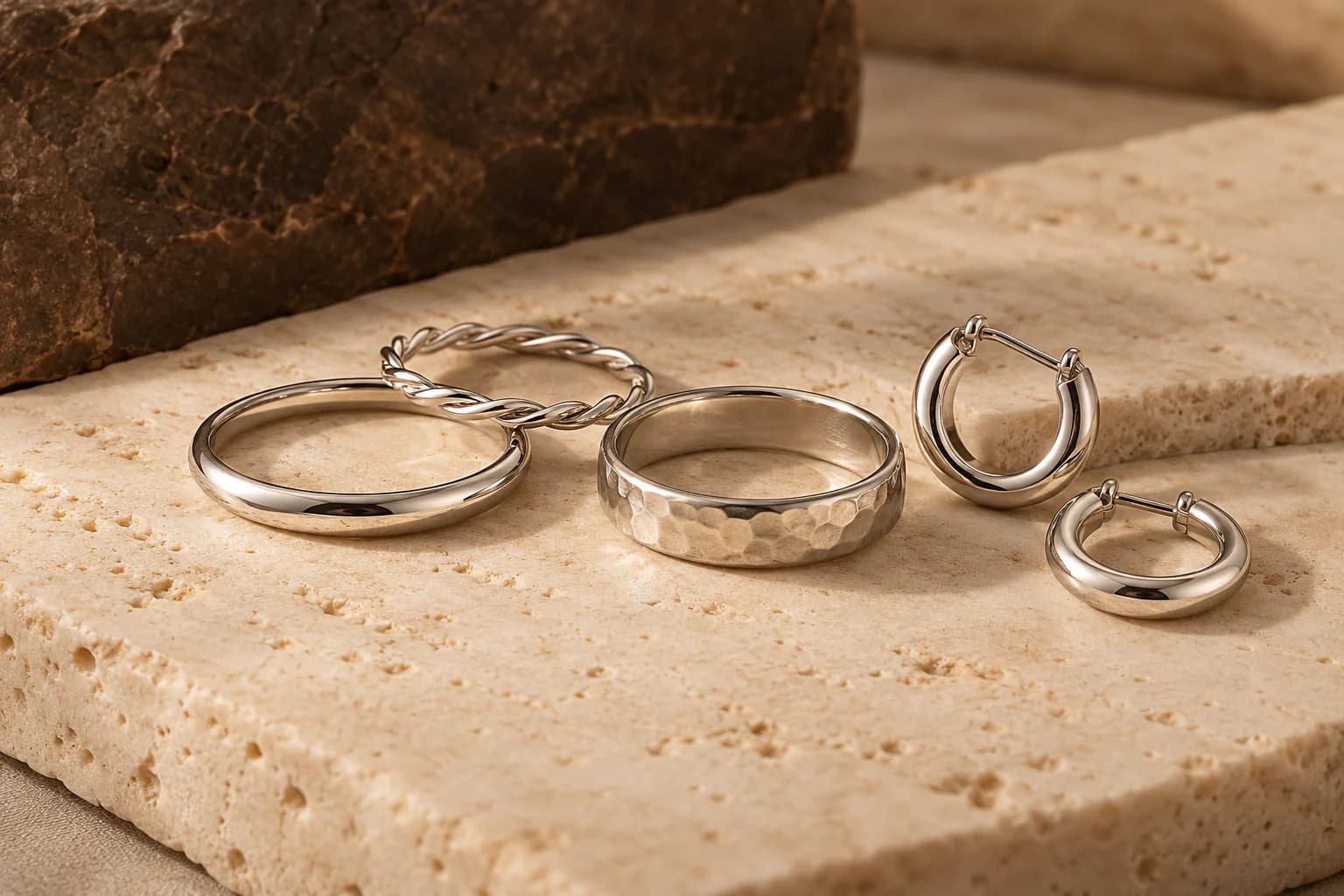 Product category: Silver-tone rings and hoop earrings on warm stone