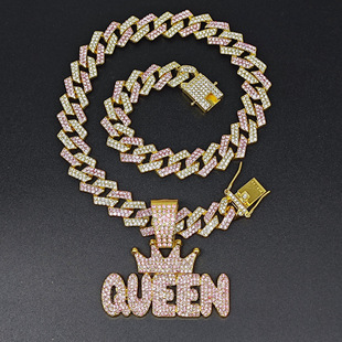 Alloy Cubic Zirconia Fully Paved Diamond-Quilted Crown Motif Pendant Necklace