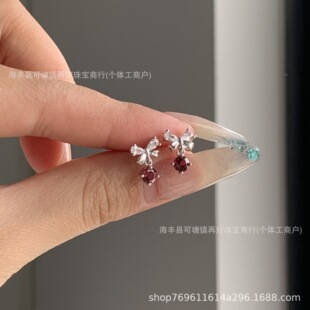Fashion Versatile Sweet 925 Sterling Silver Garnet Butterfly Motif Bezel-Set Earrings, Wholesale, Gift-Ready