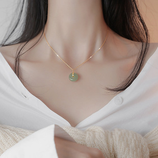 Minimalist Vintage Niche Alloy Hetian Jade Peace Buckle Pendant Necklace