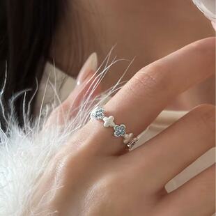 Korean Style Instagram-Style Niche Alloy Cubic Zirconia Clover Motif Open Design Ring