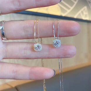 Korean Style Versatile Elegant Alloy Cubic Zirconia Fully Paved Princess Cut Pendant Necklace