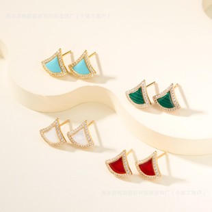 Niche Design 18K Gold-Plated on 925 Sterling Silver CZ Accented Fan Motif Mother-of-Pearl Accent Malachite Accent Earrings