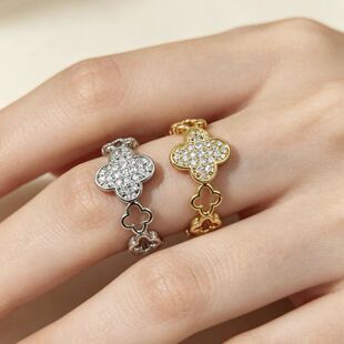 European-American Style Exquisite Alloy Cubic Zirconia Micro-Pavé Clover Motif Open Design Ring, Best Seller