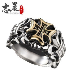 European-American Style Statement Alloy Cross Motif Adjustable Open Design Men's Ring