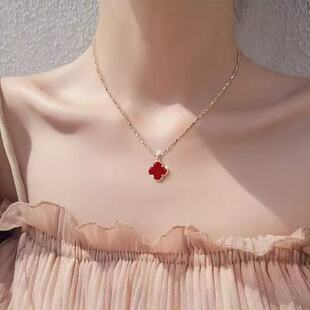 Light Luxury S999 Fine Silver Agate Clover Motif Pendant Necklace, Gift-Ready